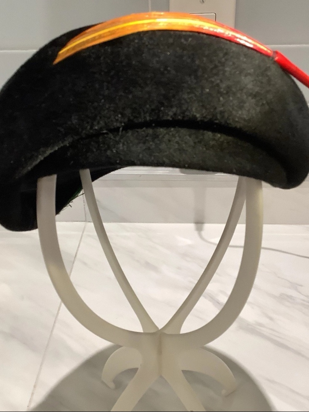 MCM Black Velour Calot~Clover Lane Hat Fascinator Pierced Quill Feather Accent
